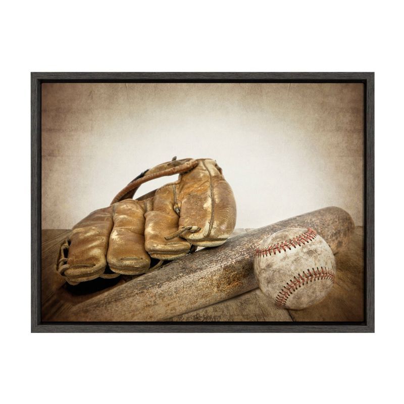 Vintage Baseball Glove and Bat Framed Canvas Print