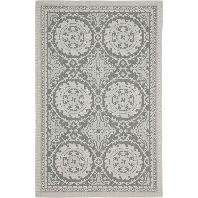 Light Grey and Anthracite Floral Motif Outdoor Area Rug