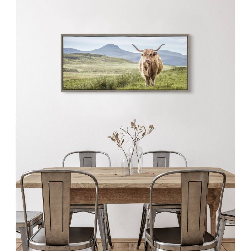 Highland Cow Mountain Landscape Canvas Art with Gray Frame