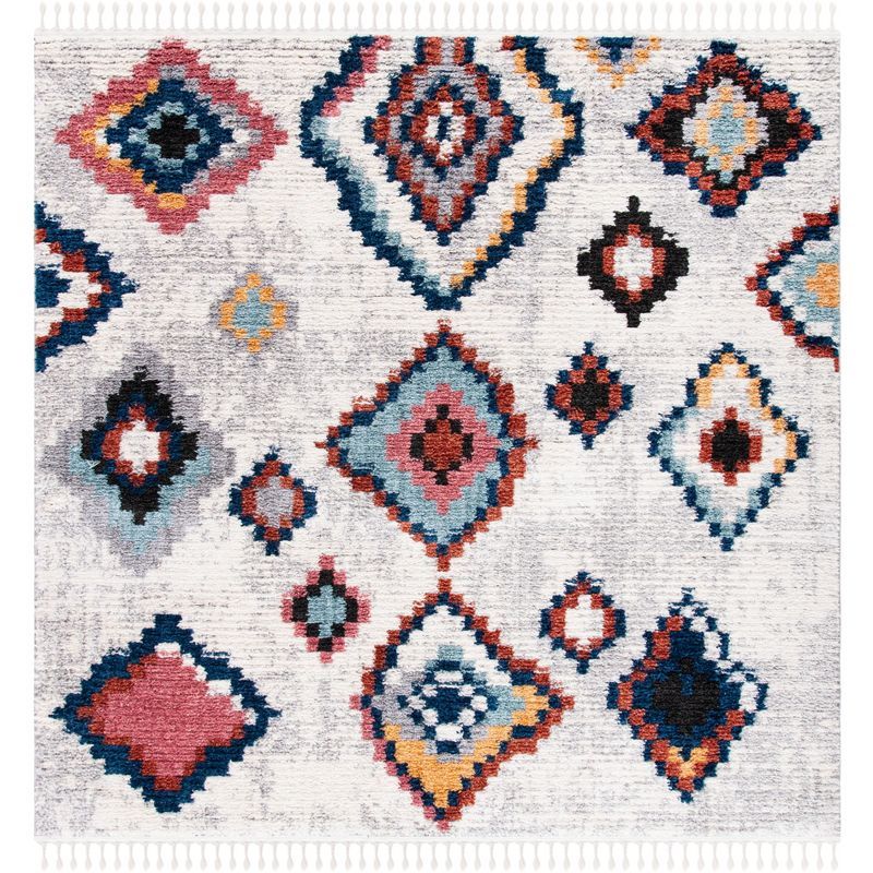 Ivory and Multicolor Square Boho Synthetic Area Rug