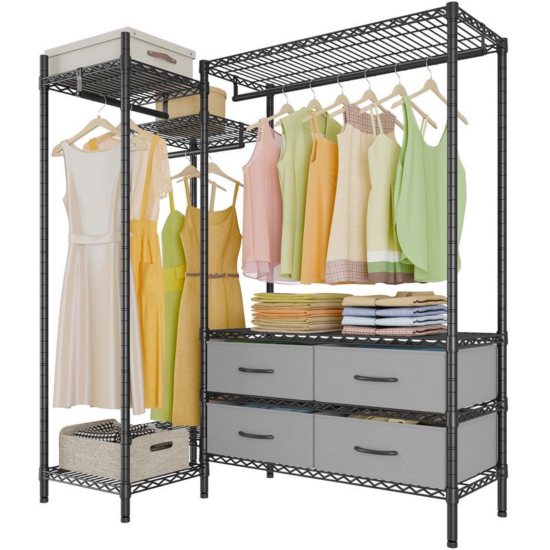 Black Metal L-Shaped Garment Rack with Fabric Drawers