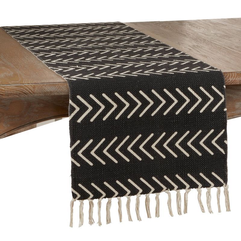 Black and White Cotton Chevron Table Runner with Fringe