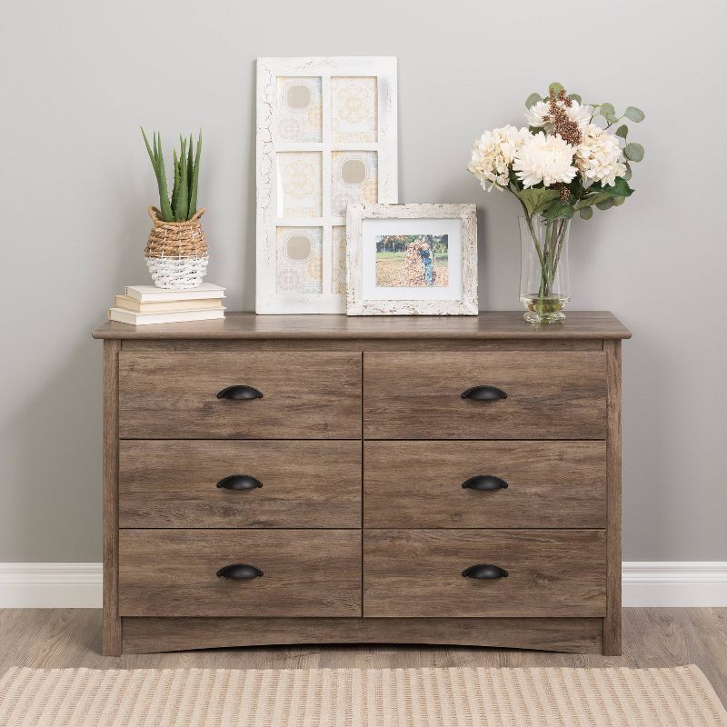 Coastal Gray 6-Drawer Double Dresser with Black Metal Handles