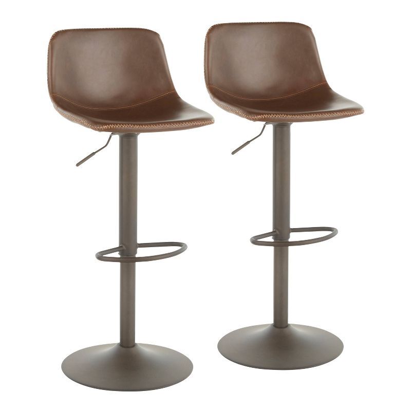 Industrial Adjustable Swivel Bar Stools in Brown Faux Leather