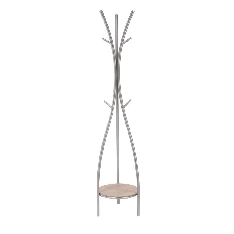 Silver and Beige Metal Freestanding Coat Rack with Shelf