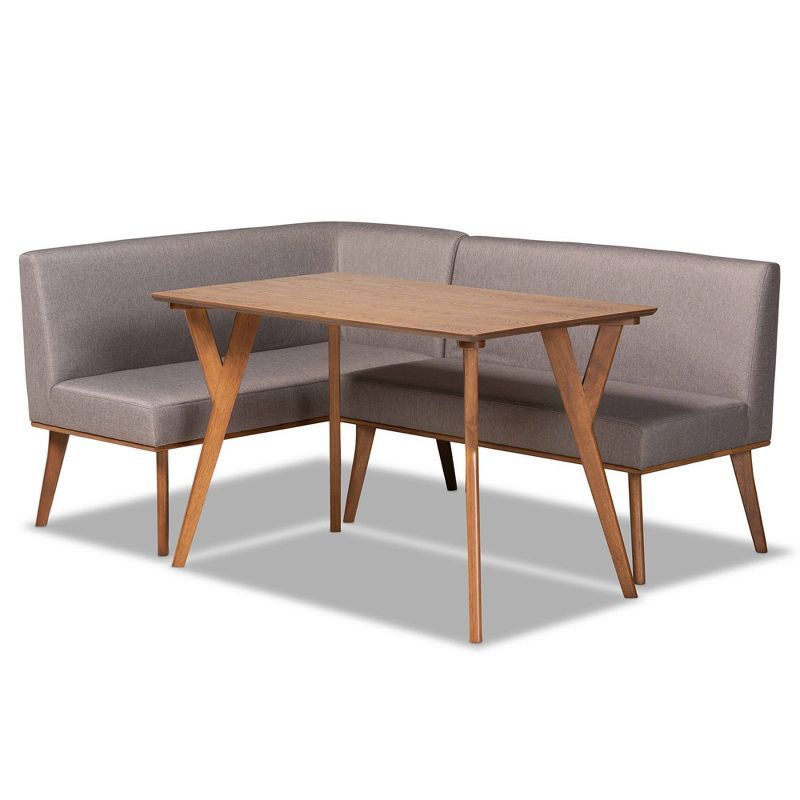 Odessa Mid-Century Modern Walnut Brown and Gray 3-Piece Dining Nook Set