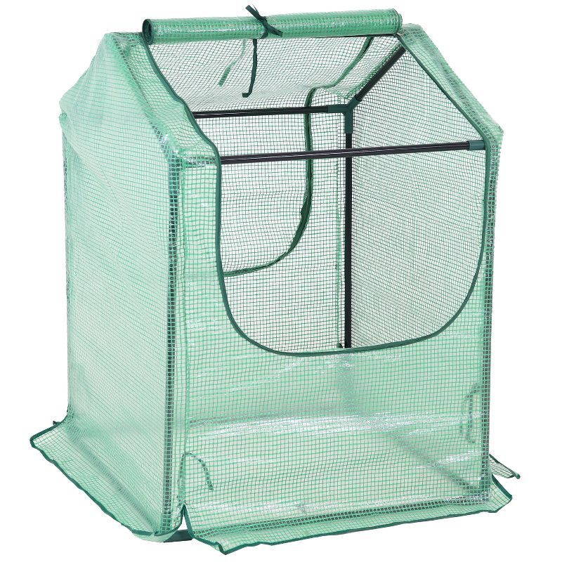 Green 2' x 2' Iron and Polyethylene Mini Greenhouse with Zippered Doors