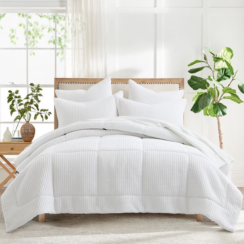 Bright White Cotton Twin Waffle Comforter Set with Shams