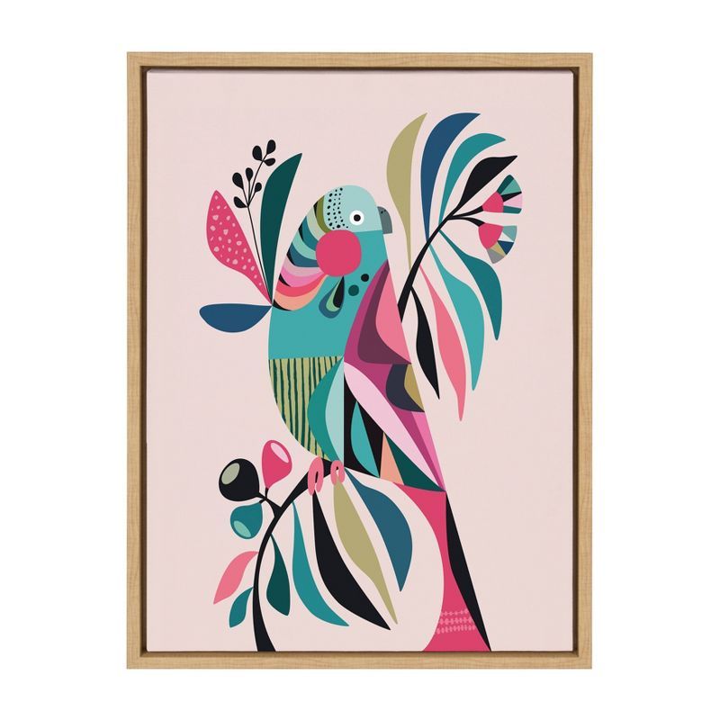 Colorful Parakeet Abstract Canvas Wall Art with Natural Frame