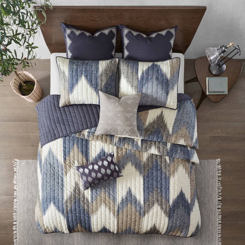 Navy Ikat Print Reversible Cotton Full Quilt Set