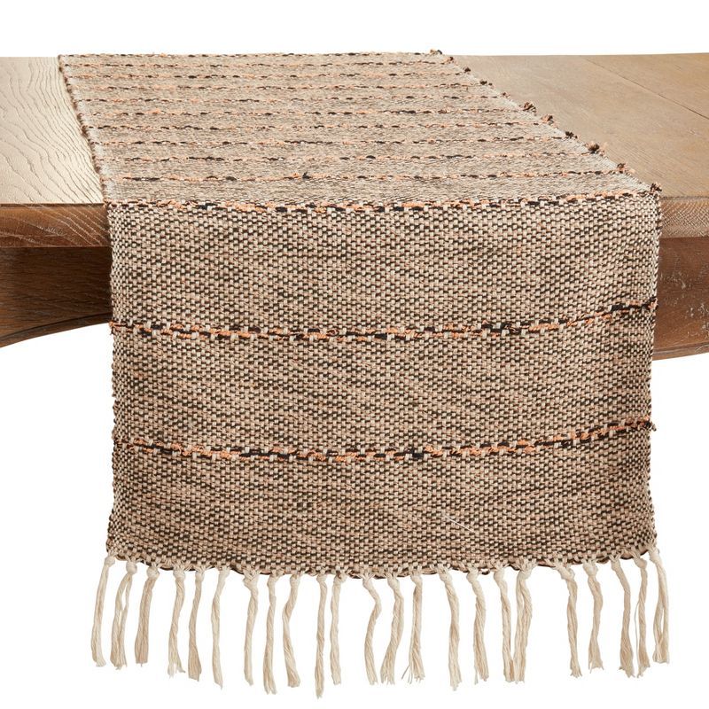 Beige Striped Cotton Polyester Table Runner with Fringe