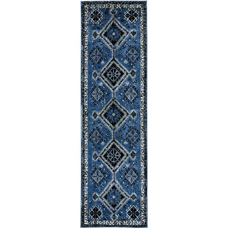 Blue and Black Synthetic Non-slip Runner Rug