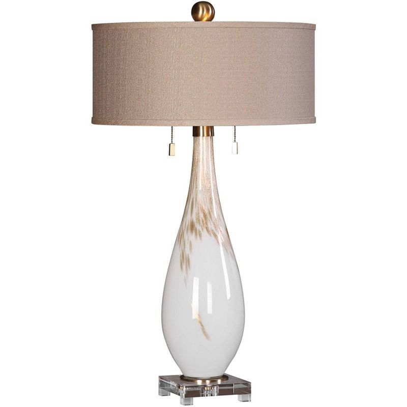 Gloss White and Bronze 32" Glass Table Lamp with Drum Shade