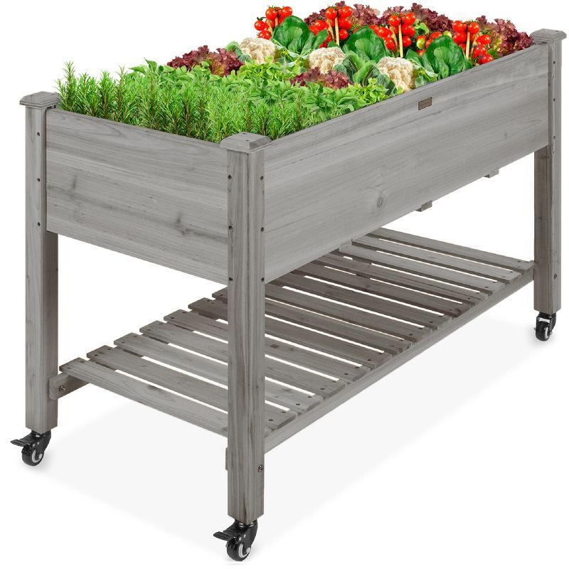 Gray Wooden Mobile Elevated Garden Bed with Shelf and Wheels