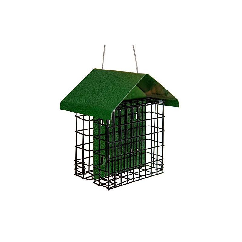 Green Metal Double Suet Cage Bird Feeder with Hammered Roof