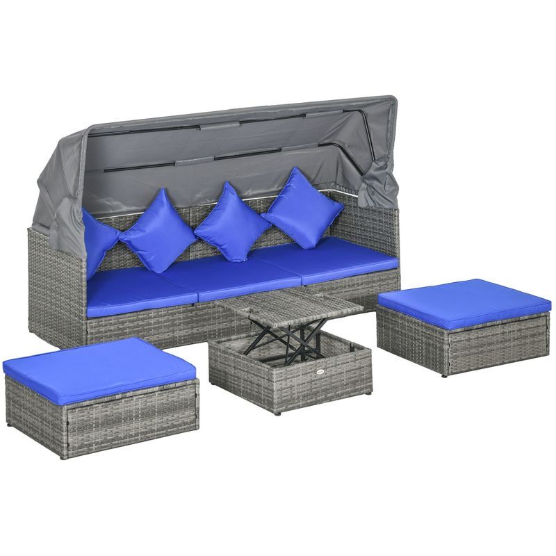 Dark Blue 6-Person Adjustable Canopy Outdoor Rattan Sofa Set