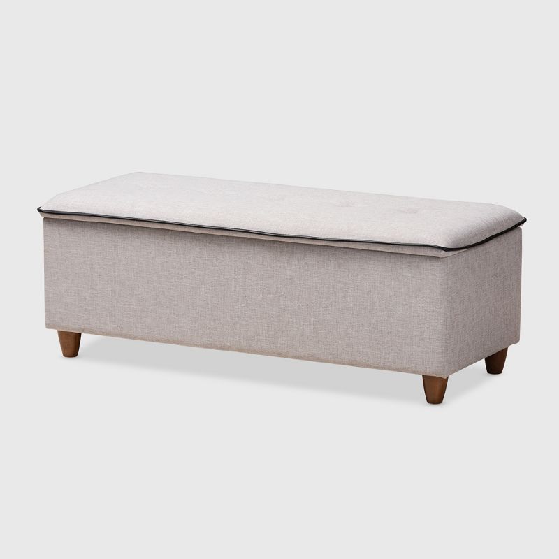 Marlisa 43" Grayish Beige Fabric Upholstered Storage Ottoman with Walnut Finish