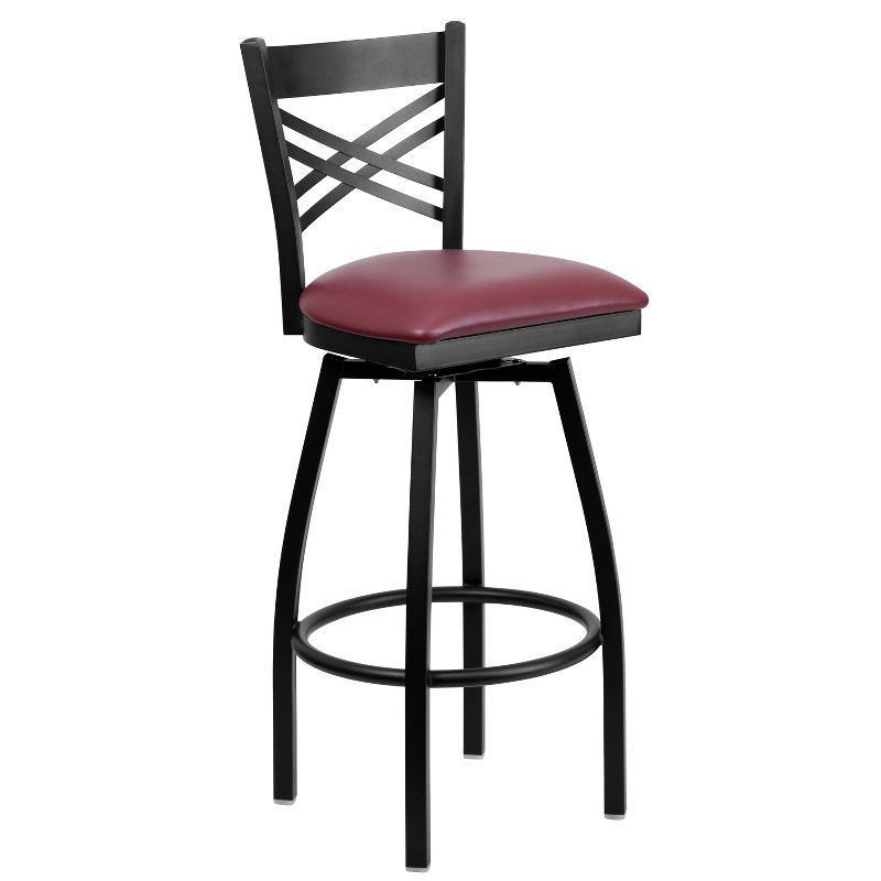 Burgundy Vinyl and Black Metal 'X' Back 44.5" Swivel Barstool