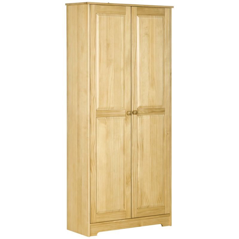 Light Brown Pinewood Raised Panel Kitchen Pantry Cabinet