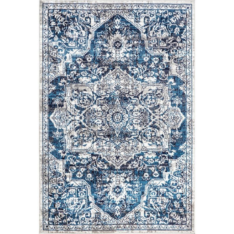 Blue and White Synthetic Medallion 9' x 12' Area Rug
