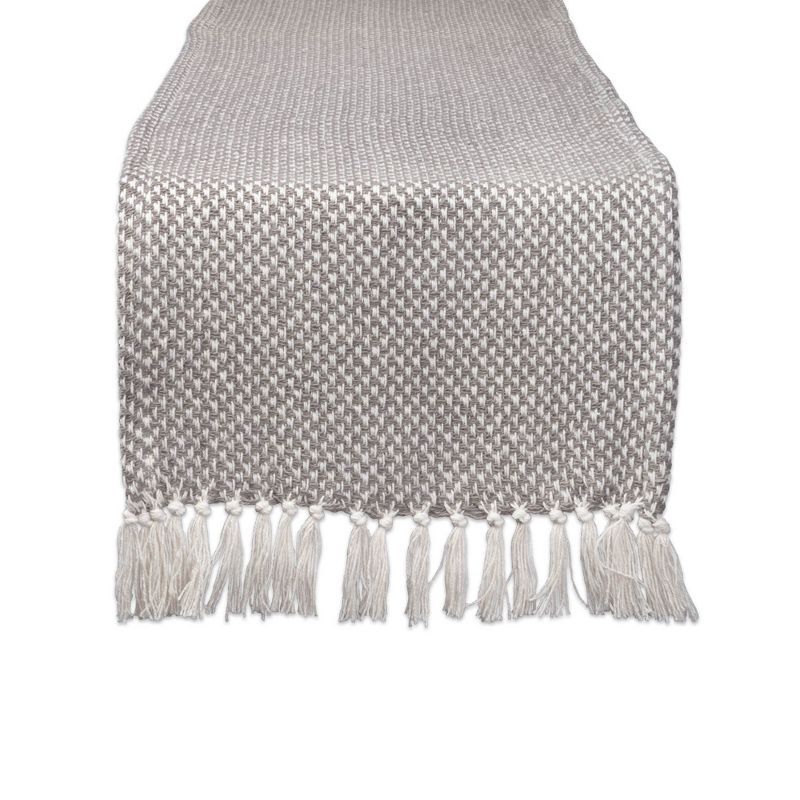 Gray and White Cotton Woven Jacquard Fringe Table Runner, 15x72"