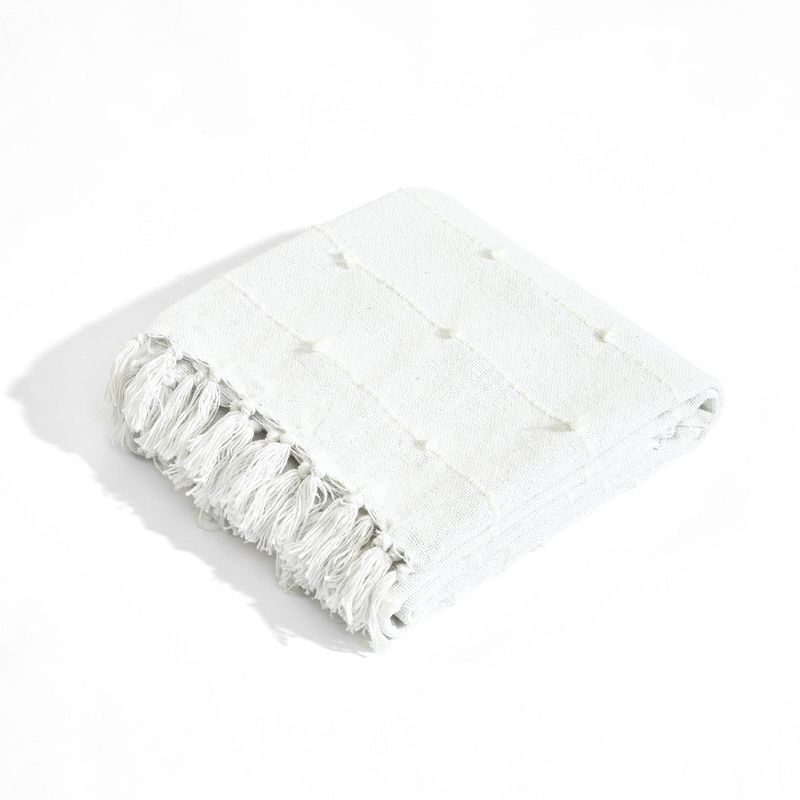 White Cotton Boho Tufted Tassel Fringe Throw Blanket