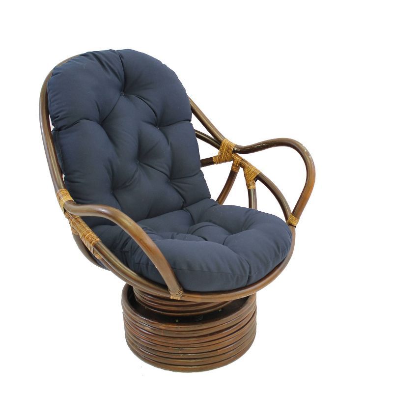 Java Brown Rattan Swivel Rocker with Navy Microsuede Cushion