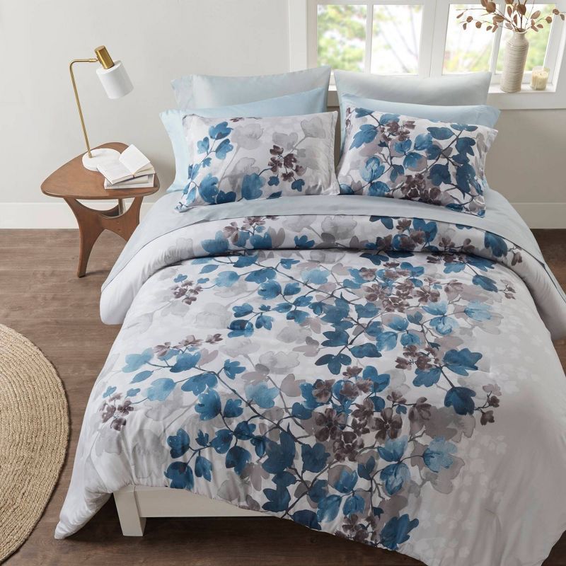 Blue Floral Microfiber Twin Bed in a Bag Set