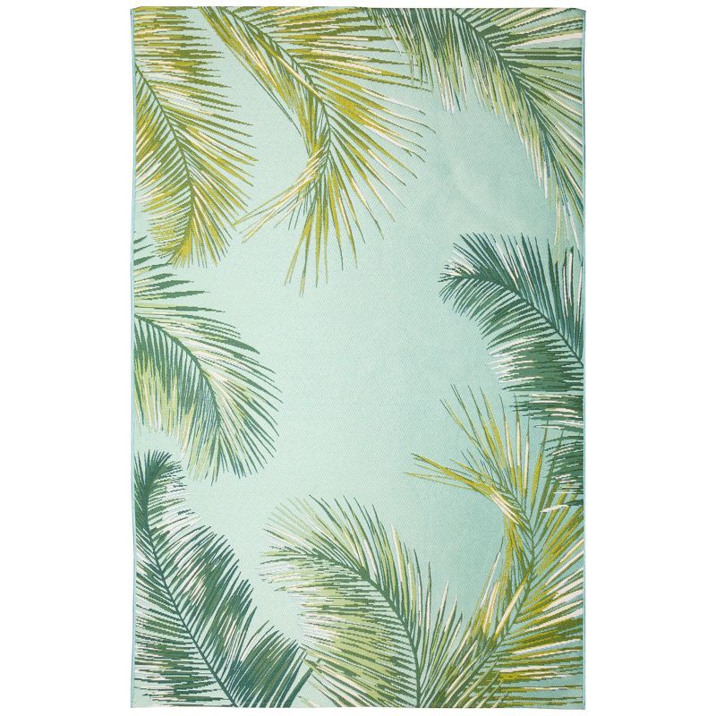 Aqua and Green Palm Border Rectangular Synthetic Indoor/Outdoor Rug