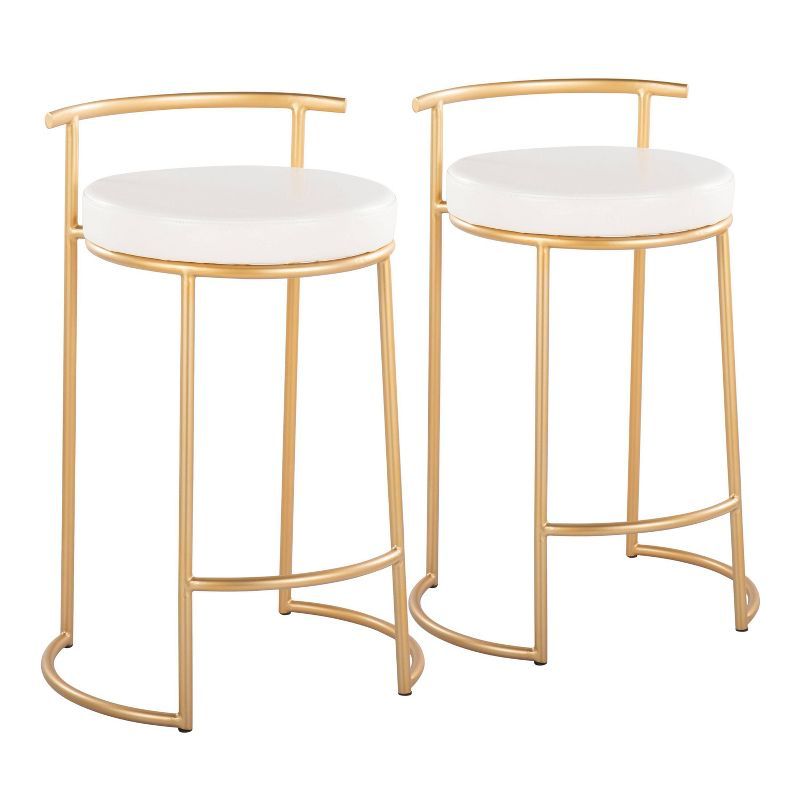 Set of 2 White Leather and Gold Metal Counter Stools