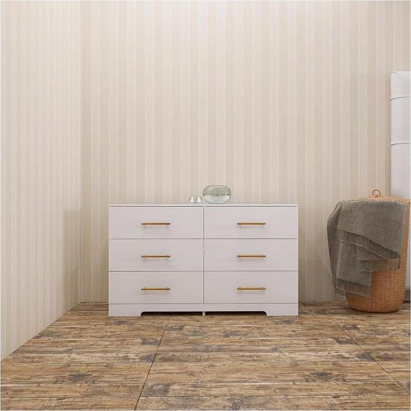 White 6-Drawer Dresser with Golden Handles and Deep Drawers