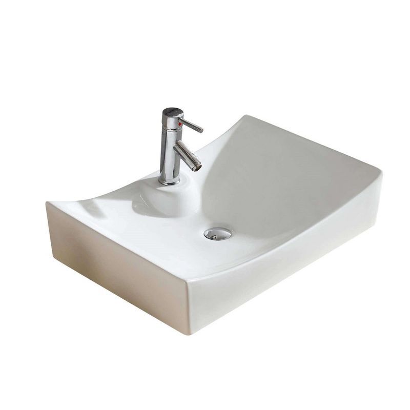 White Ceramic Rectangular Vessel Sink with Faucet Hole