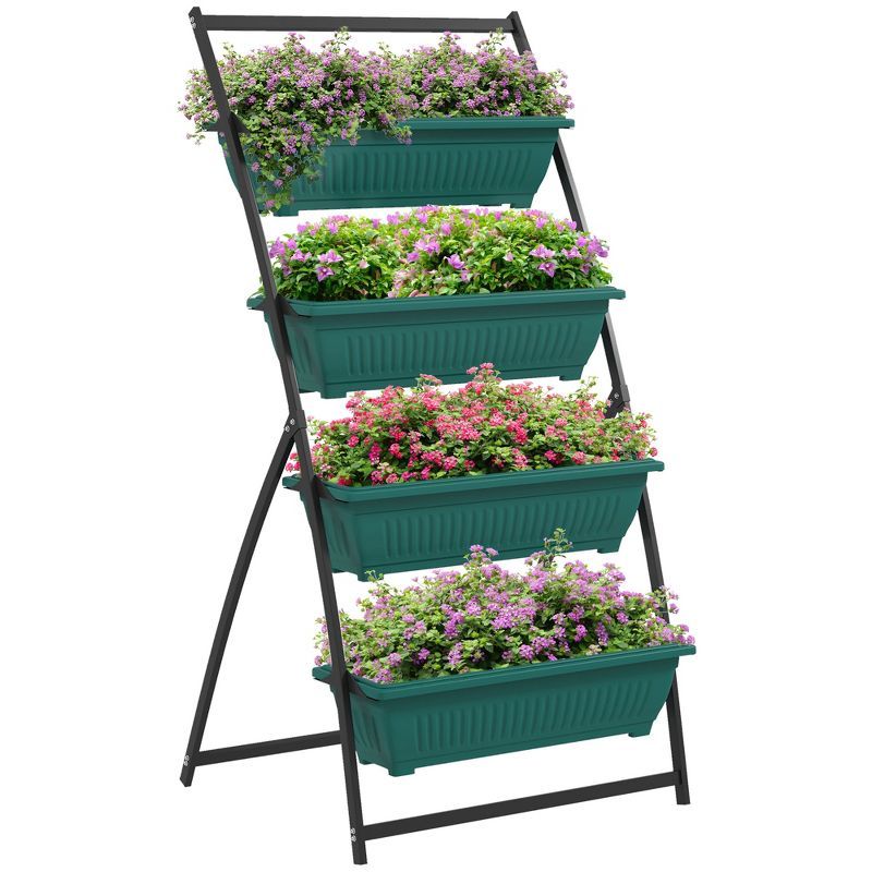 Green Plastic 4-Tier Vertical Garden Planter with Self-Draining Boxes