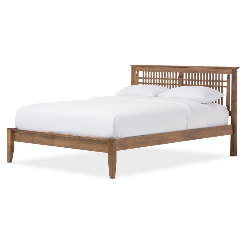 Queen Walnut Brown Solid Wood Platform Bed with Slatted Headboard