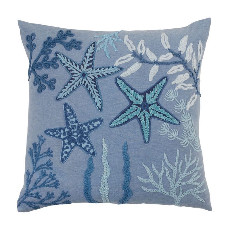 Medium Blue Embroidered Starfish Decorative Pillow