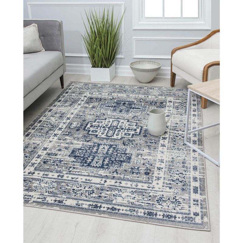 Gray and Navy Floral Synthetic Area Rug, 5'3" x 7'