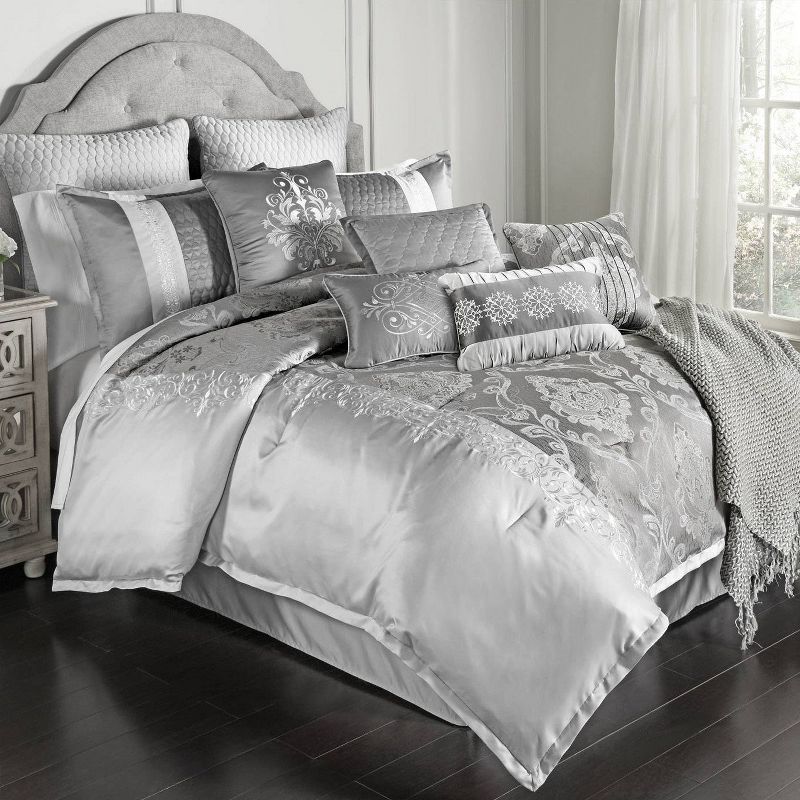 Gray Jacquard Damask Queen Comforter Set with Pillows