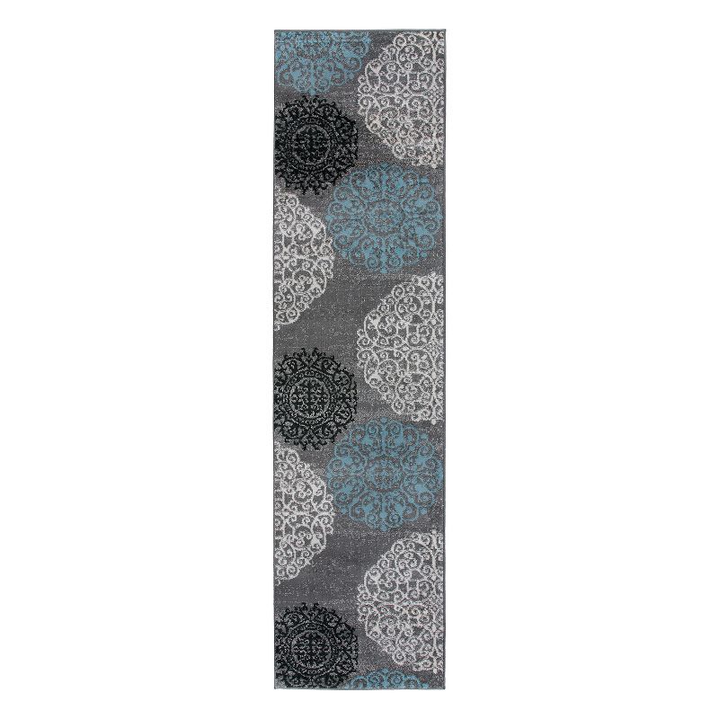 Gray and Blue Floral Synthetic 2' x 10' Runner Rug