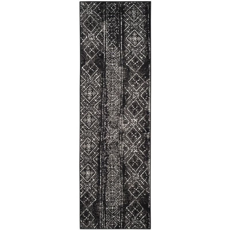 Black and Silver Geometric Synthetic Runner Rug