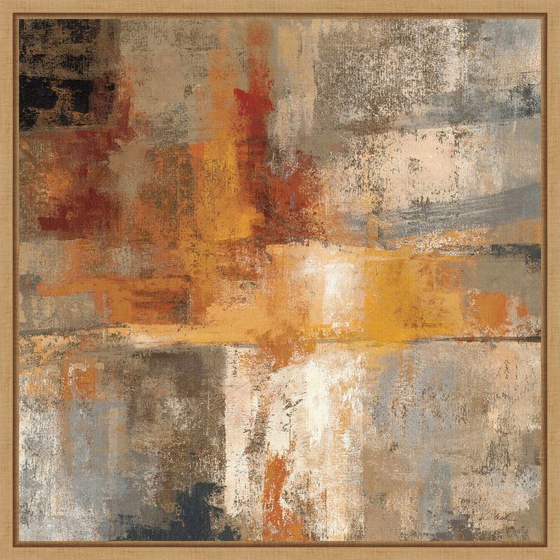 Amber and Silver Abstract Canvas Print in Maple Frame