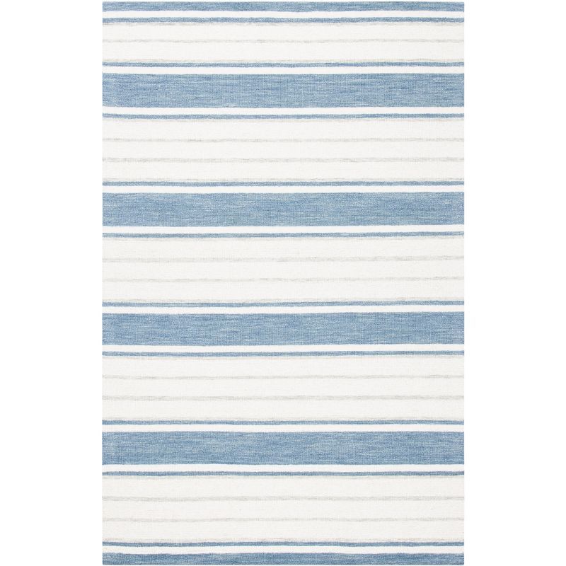 Blue and Ivory Hand-Tufted Wool Striped 4' x 6' Rug