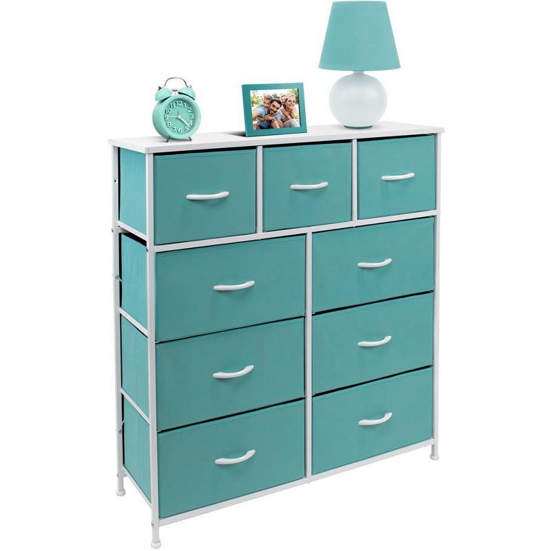 Aqua 9-Drawer Steel Frame Nursery Dresser with Fabric Bins