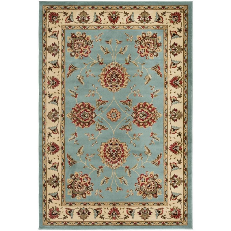 Blue and Ivory Floral Border Medium Pile Area Rug