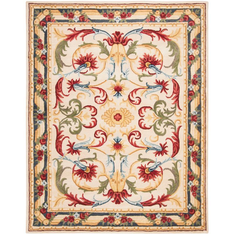 Ivory and Green Floral Handmade Wool Area Rug