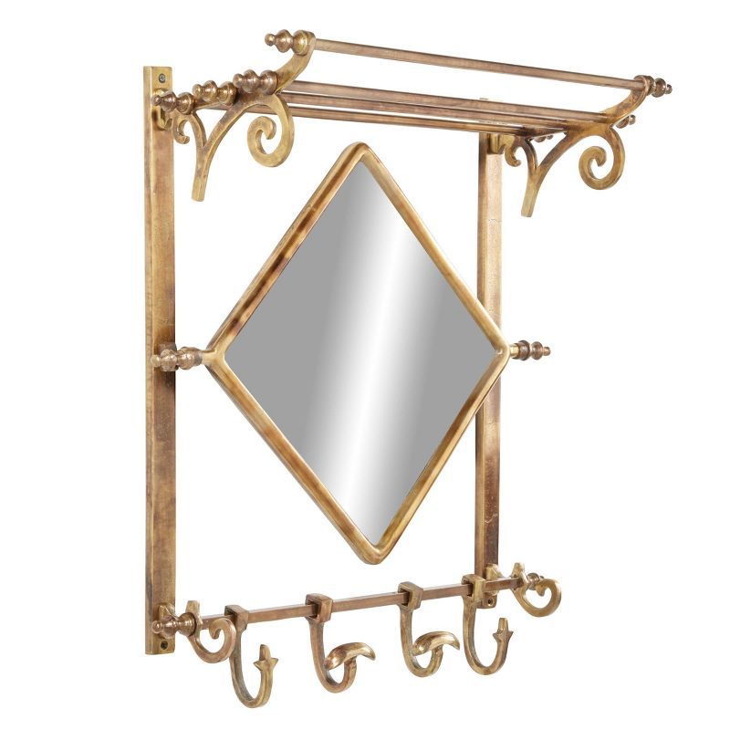 Vintage Brass and Brown Wood 25" Wall Rack with Diamond Mirror and Hooks