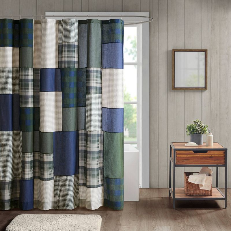 Mill Creek Green and Navy Cotton Patchwork Shower Curtain