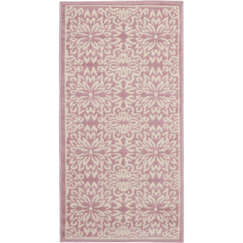 Hand-Knotted Ivory/Pink Floral Synthetic Easy-Care Rug 2' x 4'