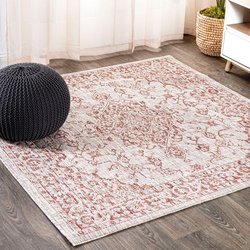 Bohemian Medallion 5' Square Indoor/Outdoor Rug in Red and Taupe