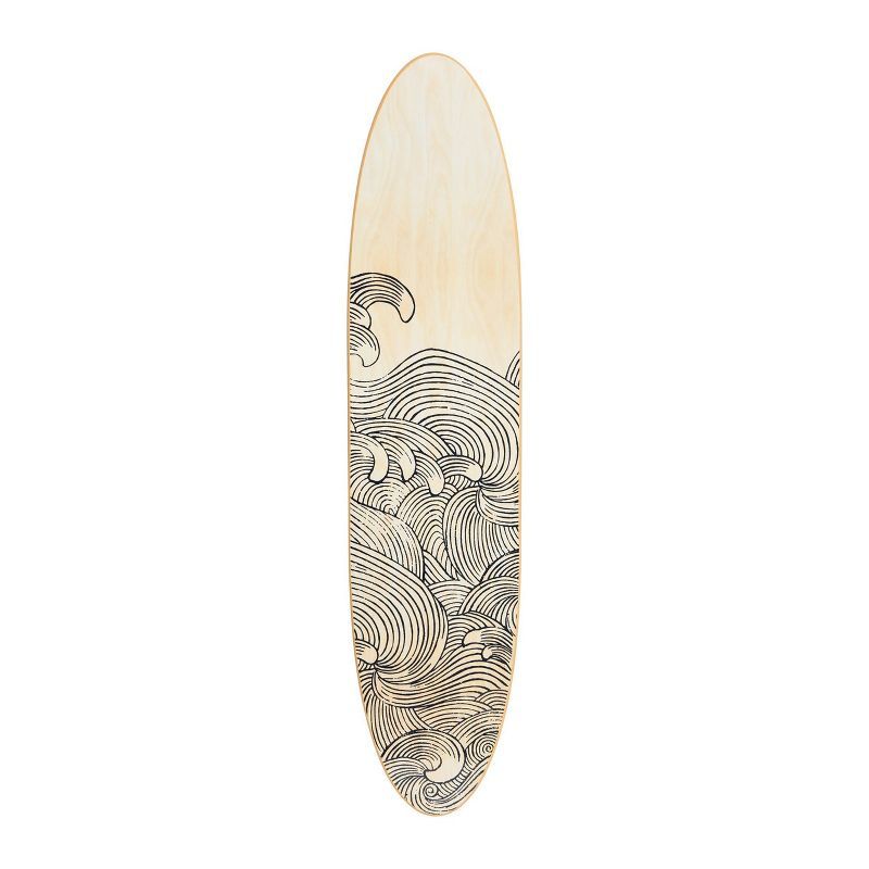 Natural Wood Coastal Surfboard Wall Art with Wave Design