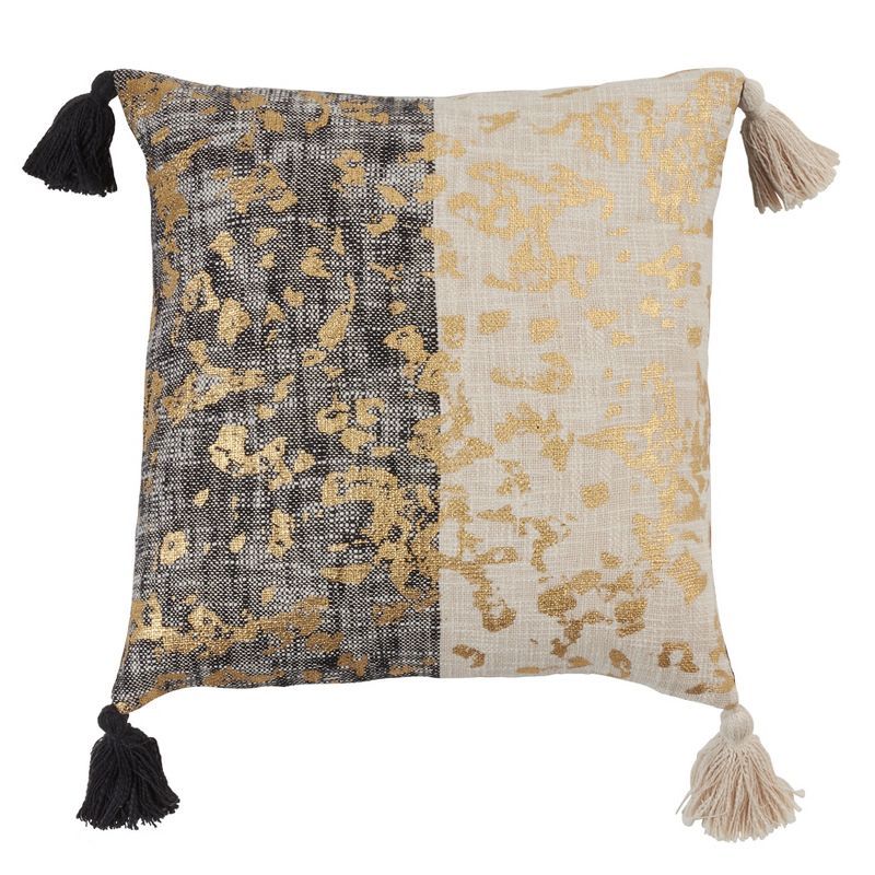 Two-Tone Black and White Foil Print Throw Pillow with Tassels